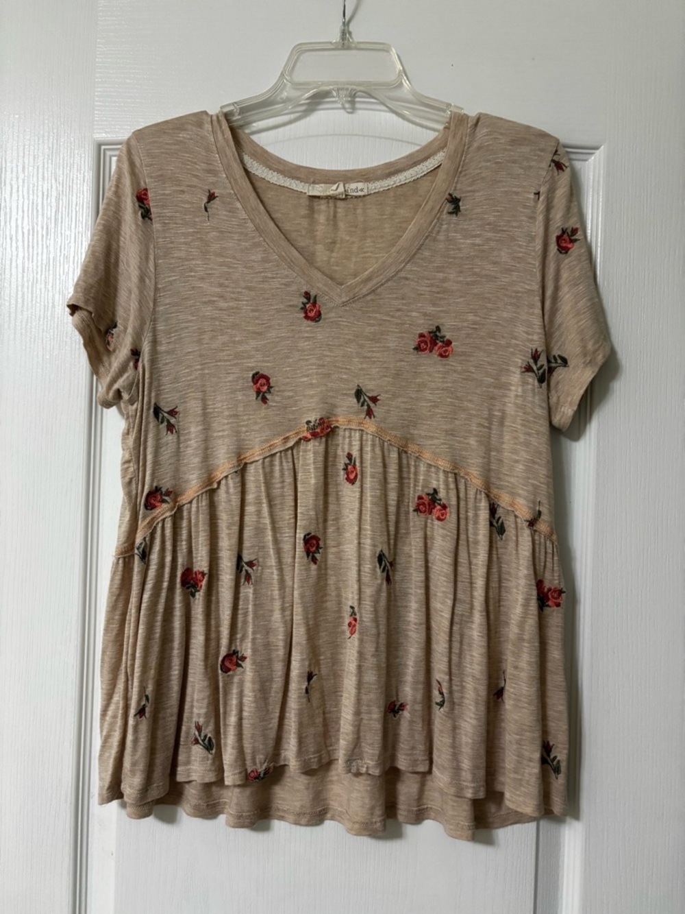 Rewind Beige V-Neck Babydoll Top with Pink Floral embroidered.